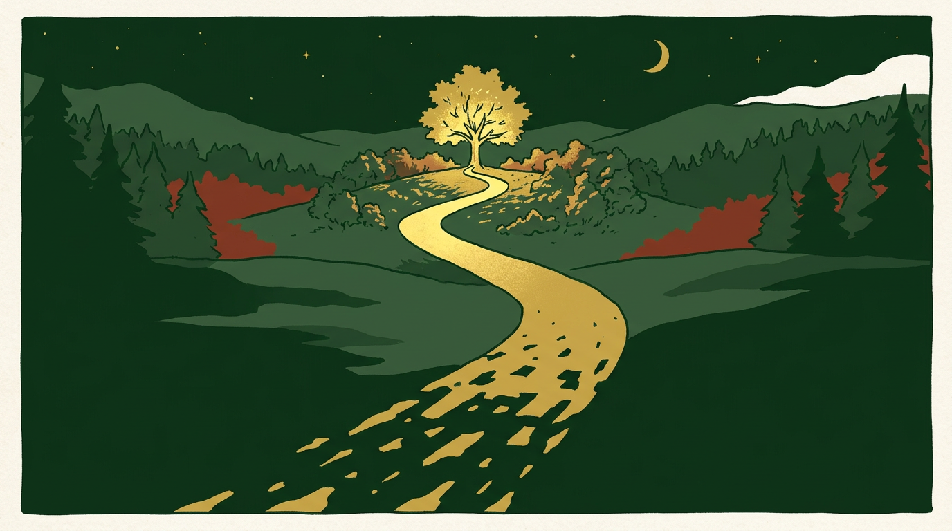 A winding golden path running to a single lit tree on a distant hill, brightest at the destination and fading toward the viewer.